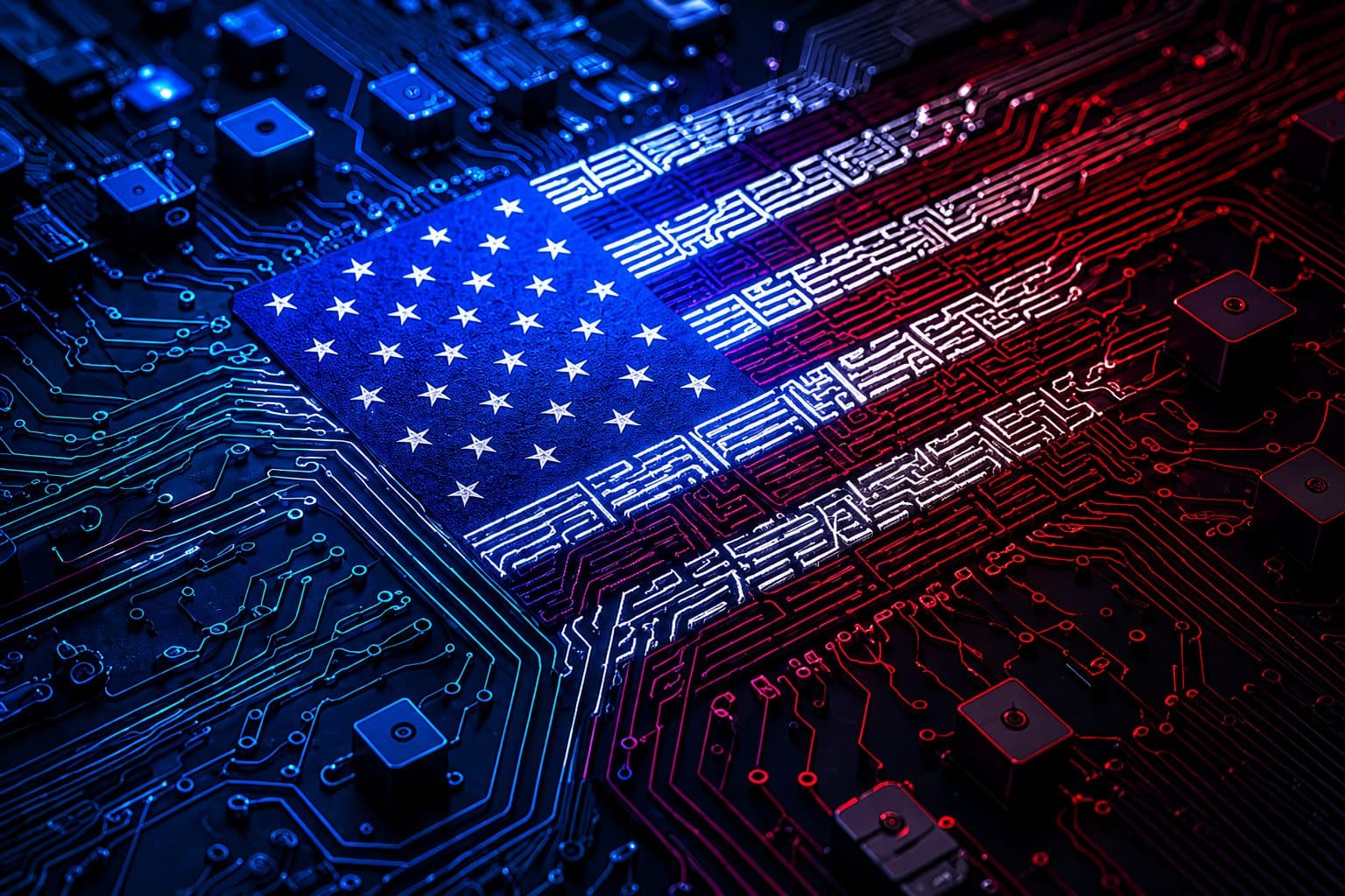 American AI infrastructure — circuit board with the US flag